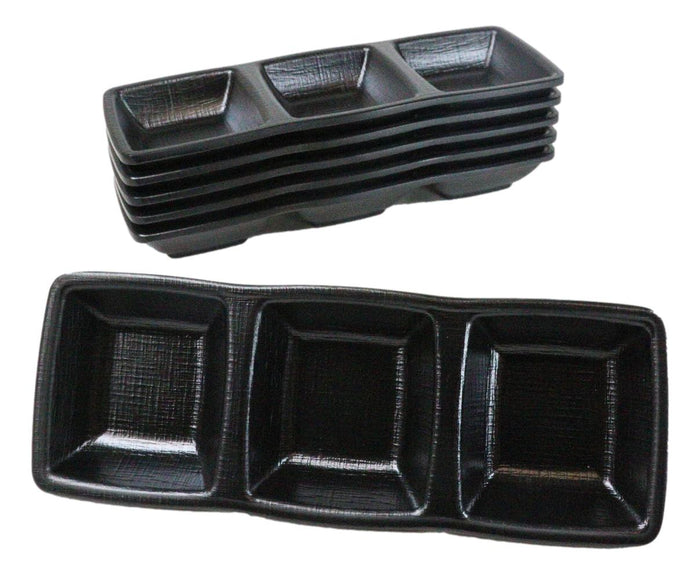 Pack Of 6 Black Silk Melamine 3 Partition Condiment Sauce Dipping Bowl or Dishes