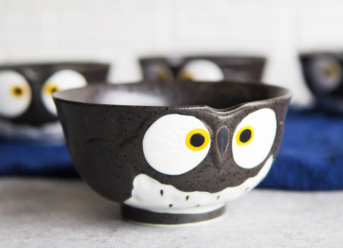 Pack Of 6 Black Whimsical Big Eyed Owls Rice Soup Appetizer Sauce Bowls 14oz