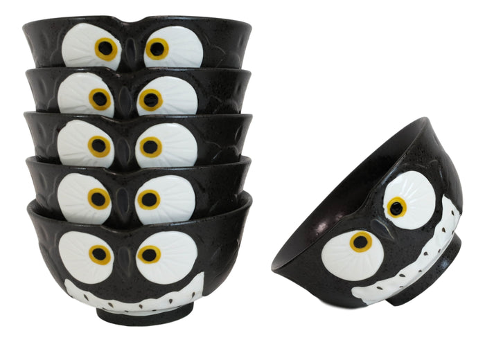 Pack Of 6 Black Whimsical Big Eyed Owls Rice Soup Appetizer Sauce Bowls 14oz