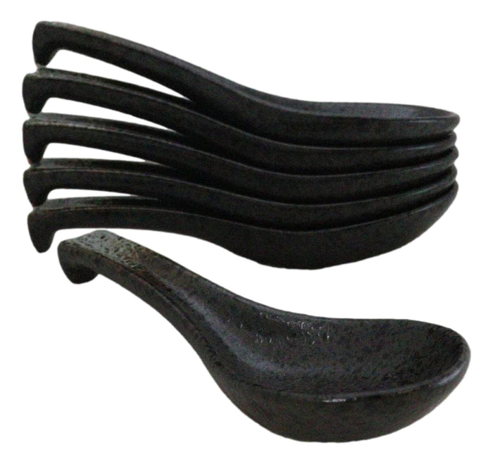 Pack Of 6 Charcoal Grey Tone Hakumu Ceramic Asian Soup Spoons With Hook 5.75"L