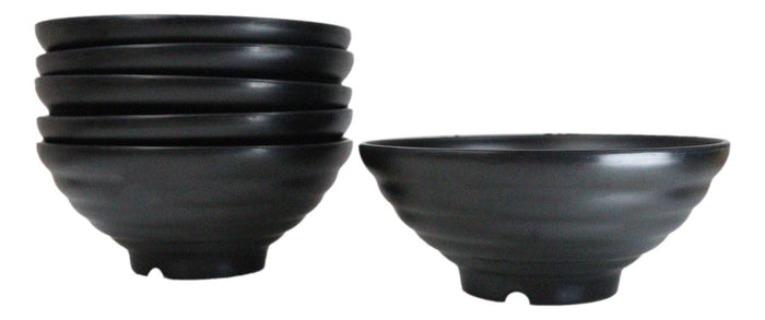 Pack Of 6 Contemporary Ridged Matte Black Melamine Round Ramen Soup Bowls 40oz