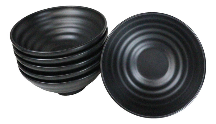 Pack Of 6 Contemporary Ridged Matte Black Melamine Round Ramen Soup Bowls 40oz