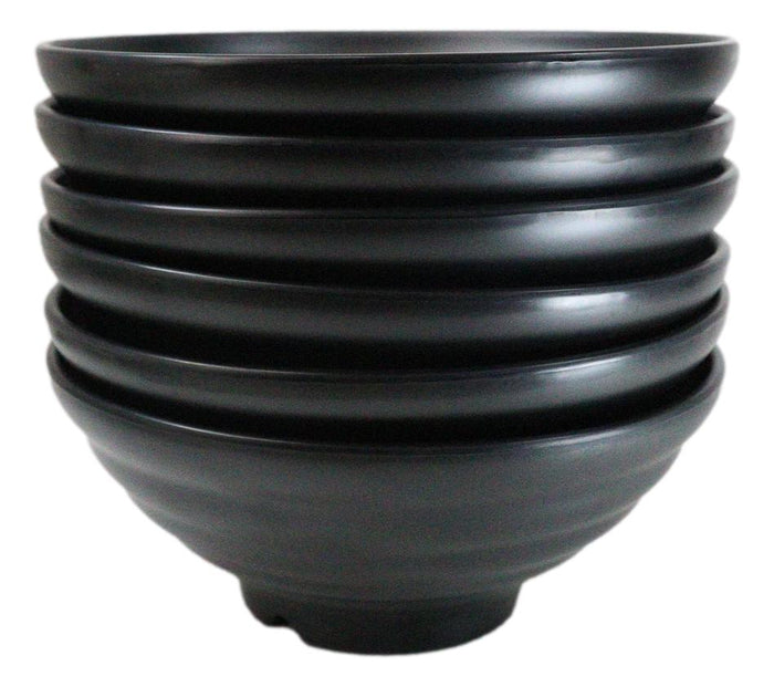 Pack Of 6 Contemporary Ridged Matte Black Melamine Round Ramen Soup Bowls 40oz