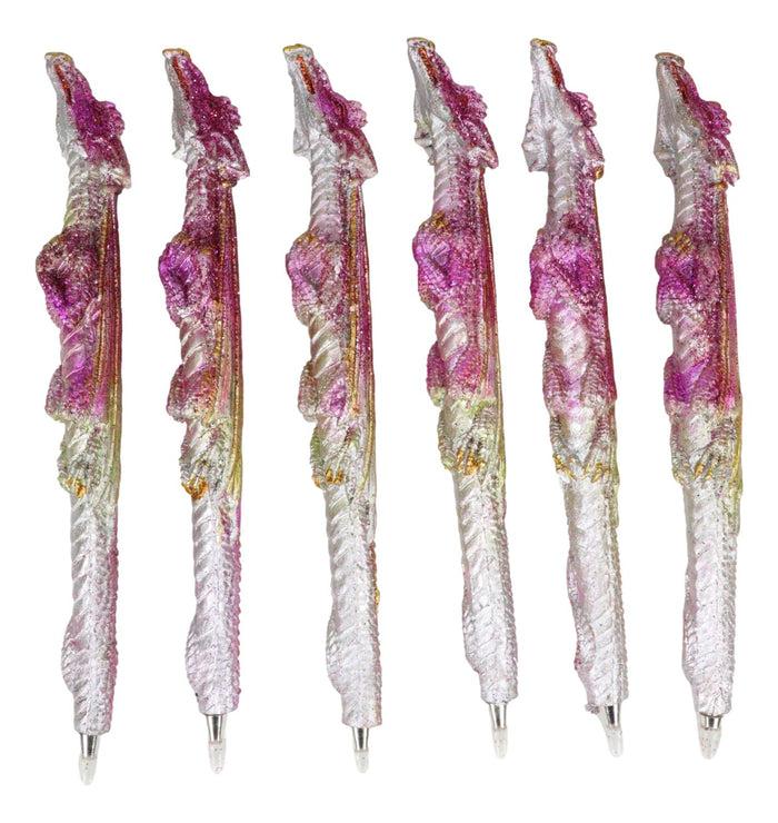 Pack Of 6 Fire Ink Glittered Metallic Pink And Gold Spirit Dragon Pen Figurines