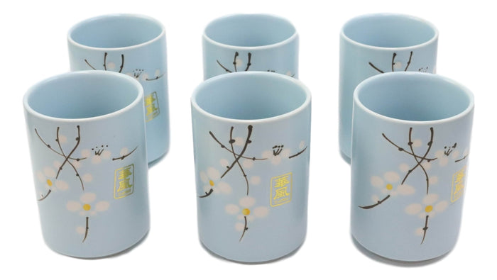 Pack Of 6 Japanese Sakura Cherry Blossom Pastel Light Blue Ceramic Tea Cups 10oz