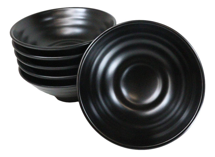 Pack Of 6 Modern Ridged Matte Black Melamine Large Round Ramen Soup Bowls 48oz