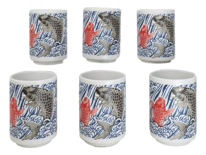 Pack Of 6 Porcelain Yin Yang Red Black Koi Fishes By Waterfall Yunomi Tea Cups