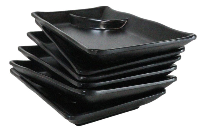 Pack Of 6 Ridged Matte Black Melamine 2 Partitions Rectangular Sushi Plates