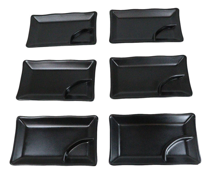 Pack Of 6 Ridged Matte Black Melamine 2 Partitions Rectangular Sushi Plates
