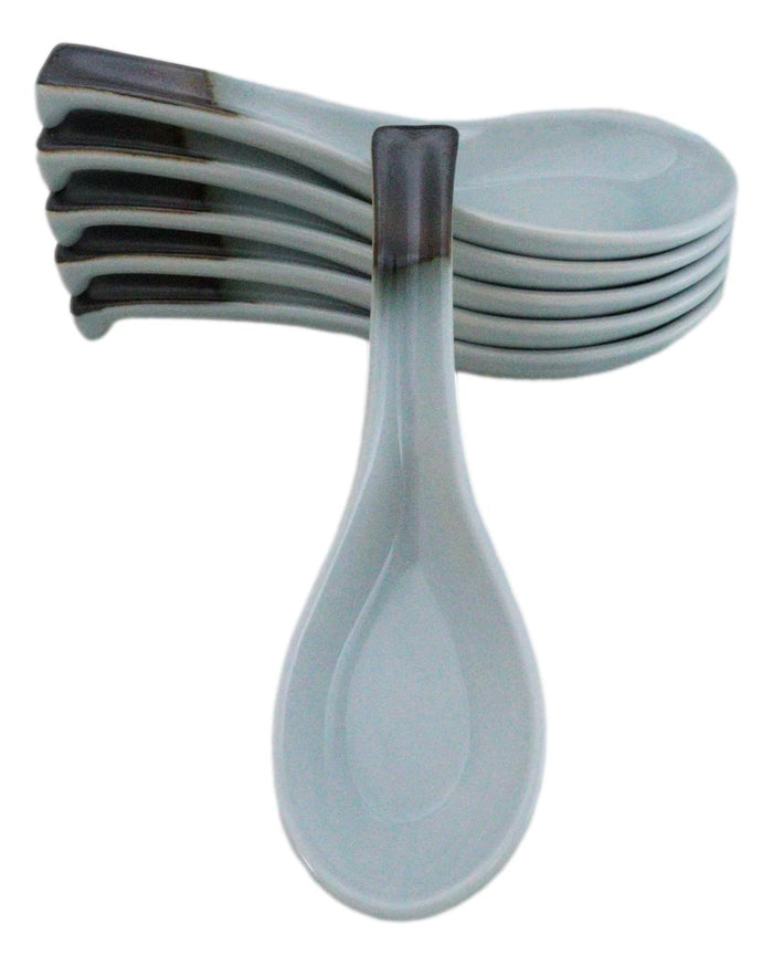 Pack Of 6 Seikai Blue Sky Collection Ceramic Asian Soup Spoons With Hook 5.75"L