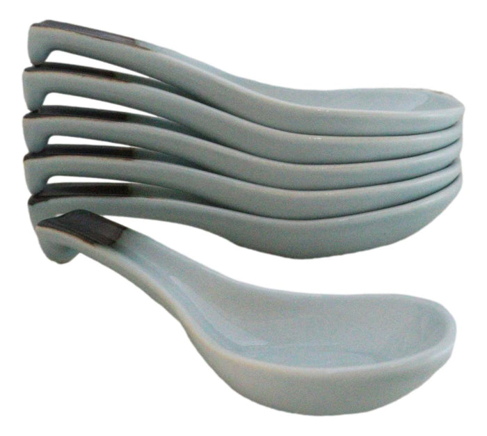 Pack Of 6 Seikai Blue Sky Collection Ceramic Asian Soup Spoons With Hook 5.75"L