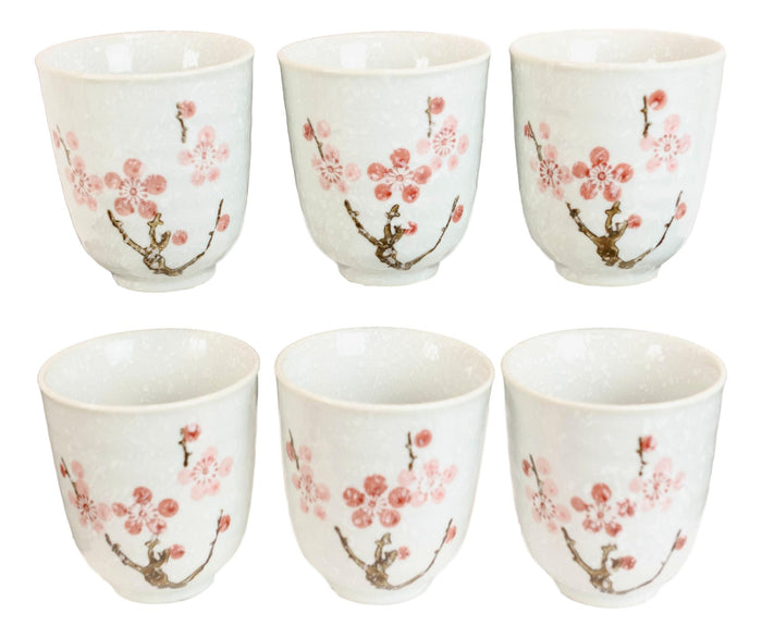 Pack Of 6 Textured Pink Japanese Sakura Cherry Blossoms Ceramic Tea Cups Teacups