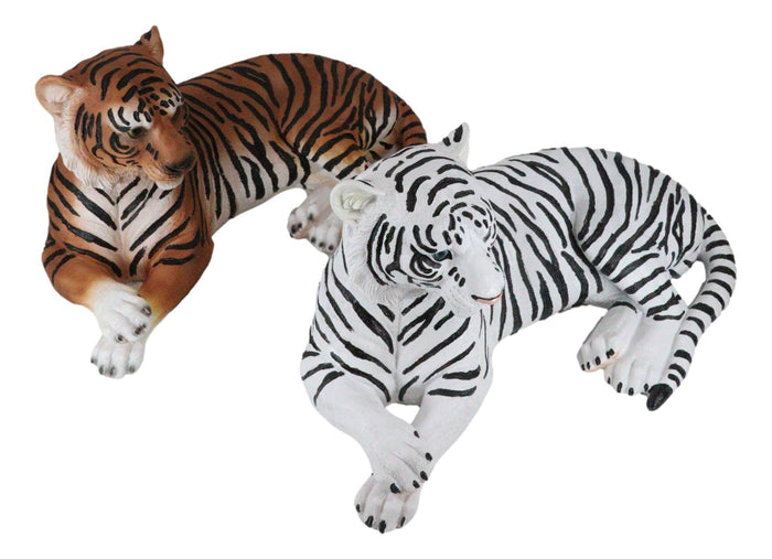 Pair Of Large Siberian And Bengal Tiger Resting 15.5"L Statue Home Garden Decor