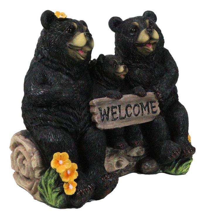 Papa Mama Black Bears And Cub Sitting On Log With Welcome Plank Sign Figurine