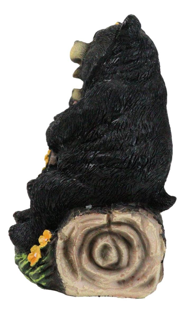 Papa Mama Black Bears And Cub Sitting On Log With Welcome Plank Sign Figurine