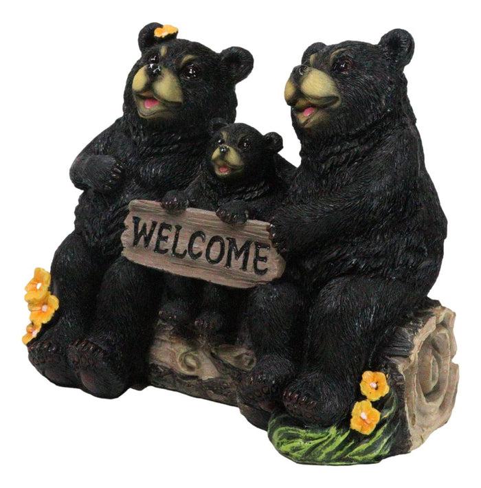 Papa Mama Black Bears And Cub Sitting On Log With Welcome Plank Sign Figurine