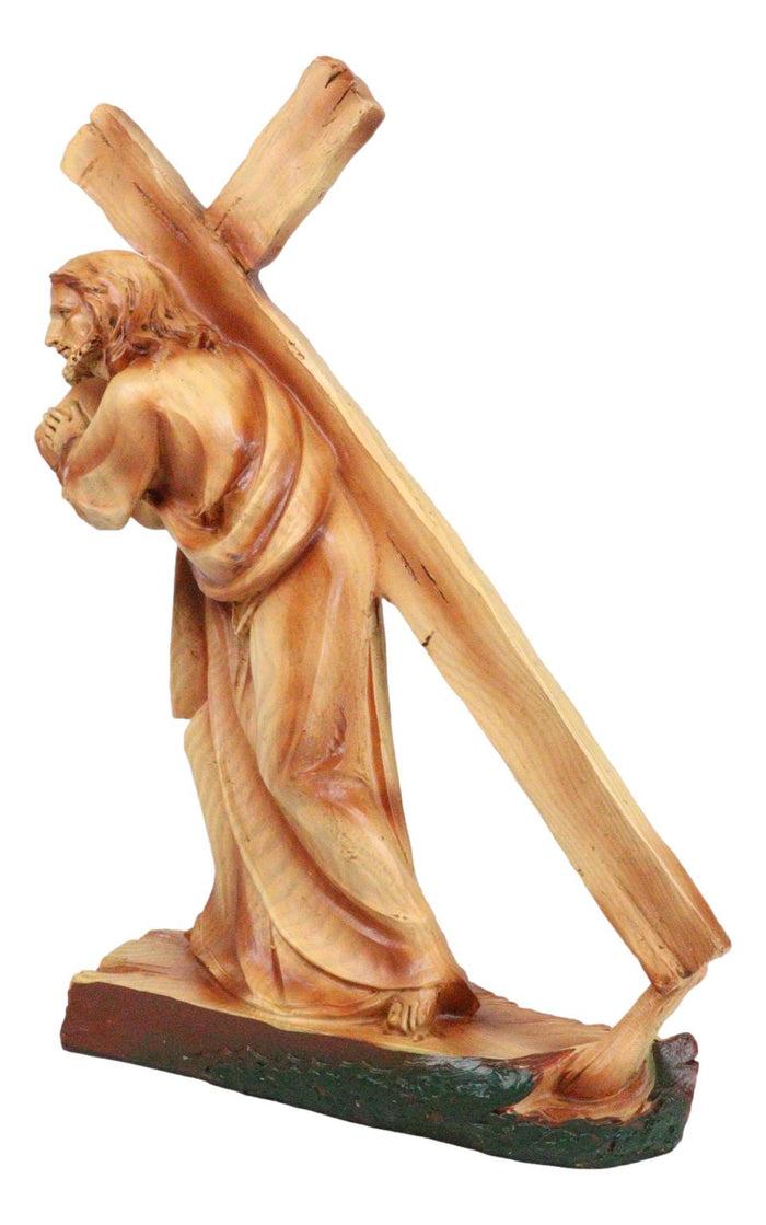 Passion Of Jesus Christ Carrying The Cross In Faux Cedar Wood Finish Figurine