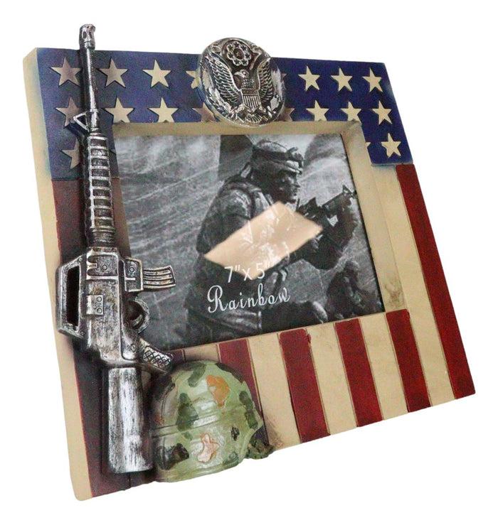 Patriotic American US Flag Army Rifle Helmet Soldier Memorial 5x7 Picture Frame