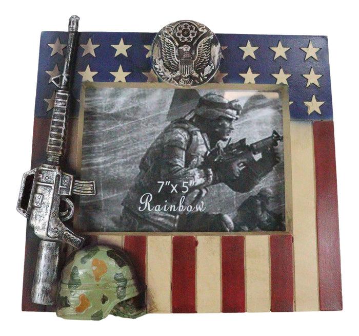 Patriotic American US Flag Army Rifle Helmet Soldier Memorial 5x7 Picture Frame