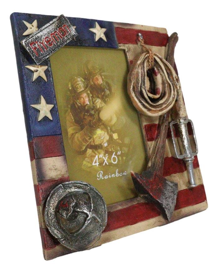 Patriotic Fire Department Fireman Helmet Hose Axe USA Flag 4"X6" Picture Frame