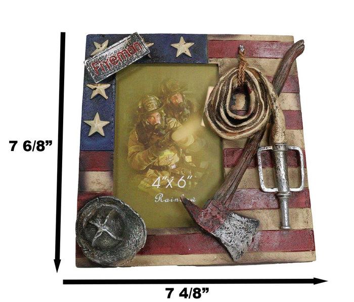 Patriotic Fire Department Fireman Helmet Hose Axe USA Flag 4"X6" Picture Frame