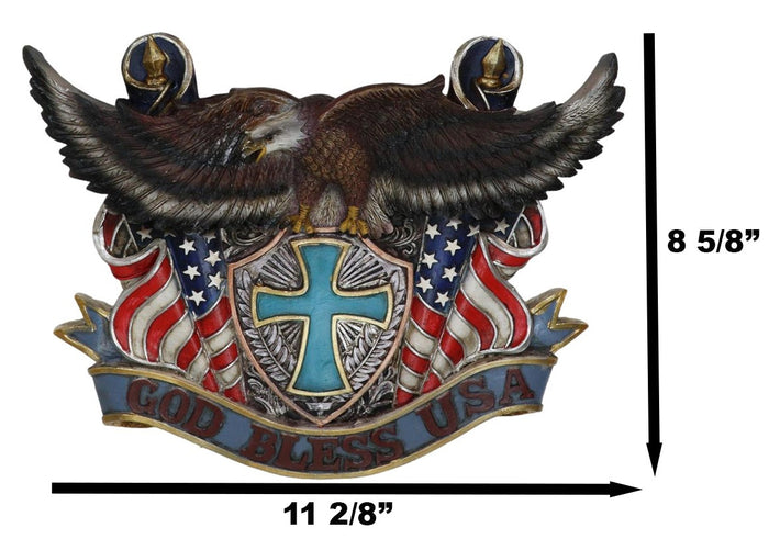 Patriotic Flags Bald Eagle On Cross Crest God Bless USA Wall Plaque Sculpture