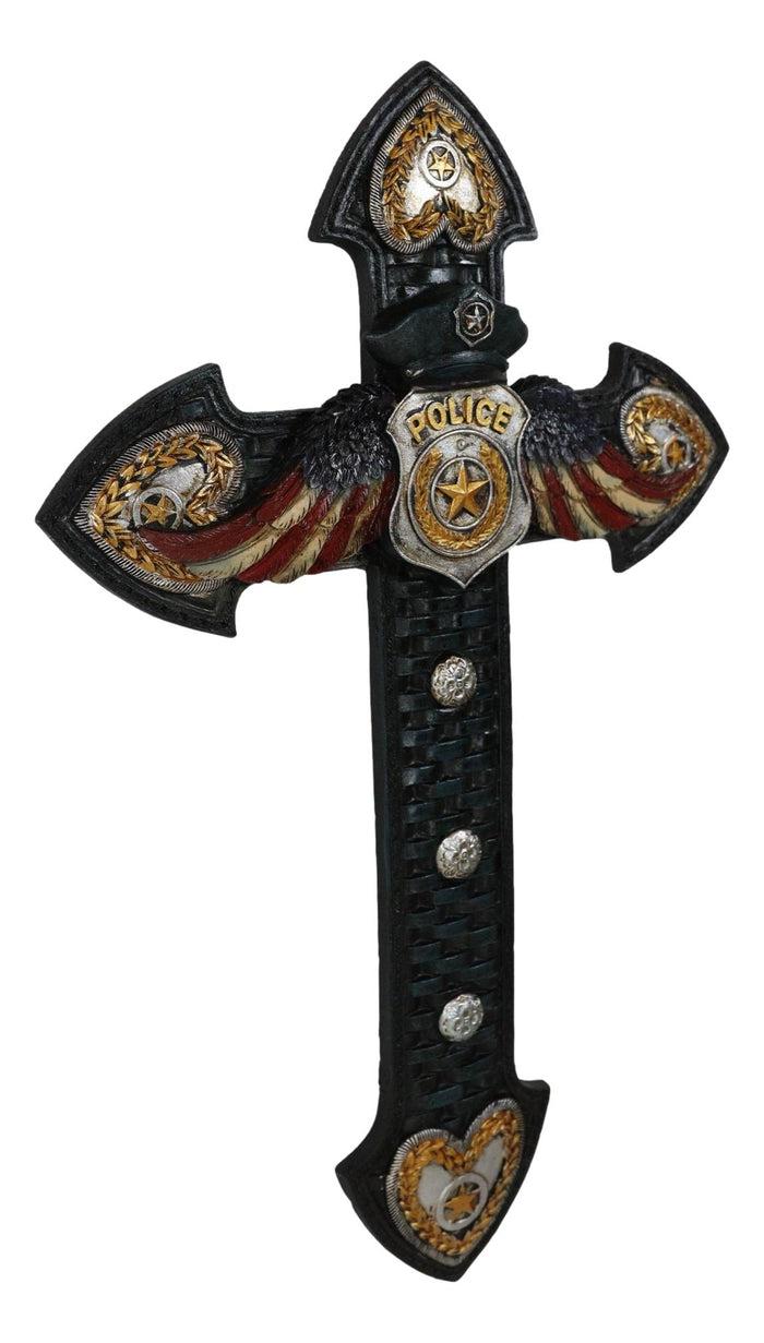 Patriotic Men In Blue Police Officer Badge With USA Flag Eagle Wings Wall Cross