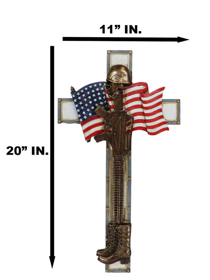 Patriotic USA Flag Fallen Soldier Helmet Rifle And Tactical Boots Wall Cross