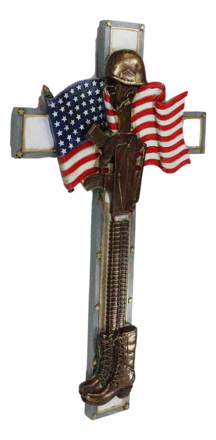 Patriotic USA Flag Fallen Soldier Helmet Rifle And Tactical Boots Wall Cross