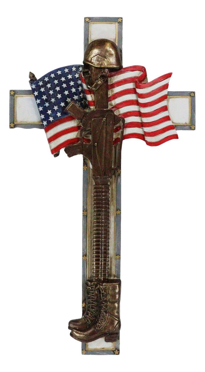 Patriotic USA Flag Fallen Soldier Helmet Rifle And Tactical Boots Wall Cross