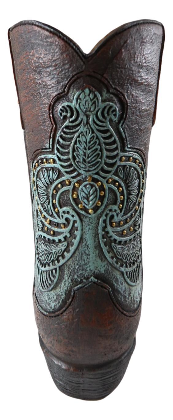 Petit Western Boho Chic Turquoise Lace Tooled Leather Cowboy Boot Vase Decor