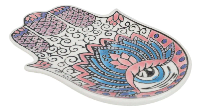 Pink Chakra Hamsa Palm Mandala And Evil Eye Ceramic Dish Brass Incense Holder