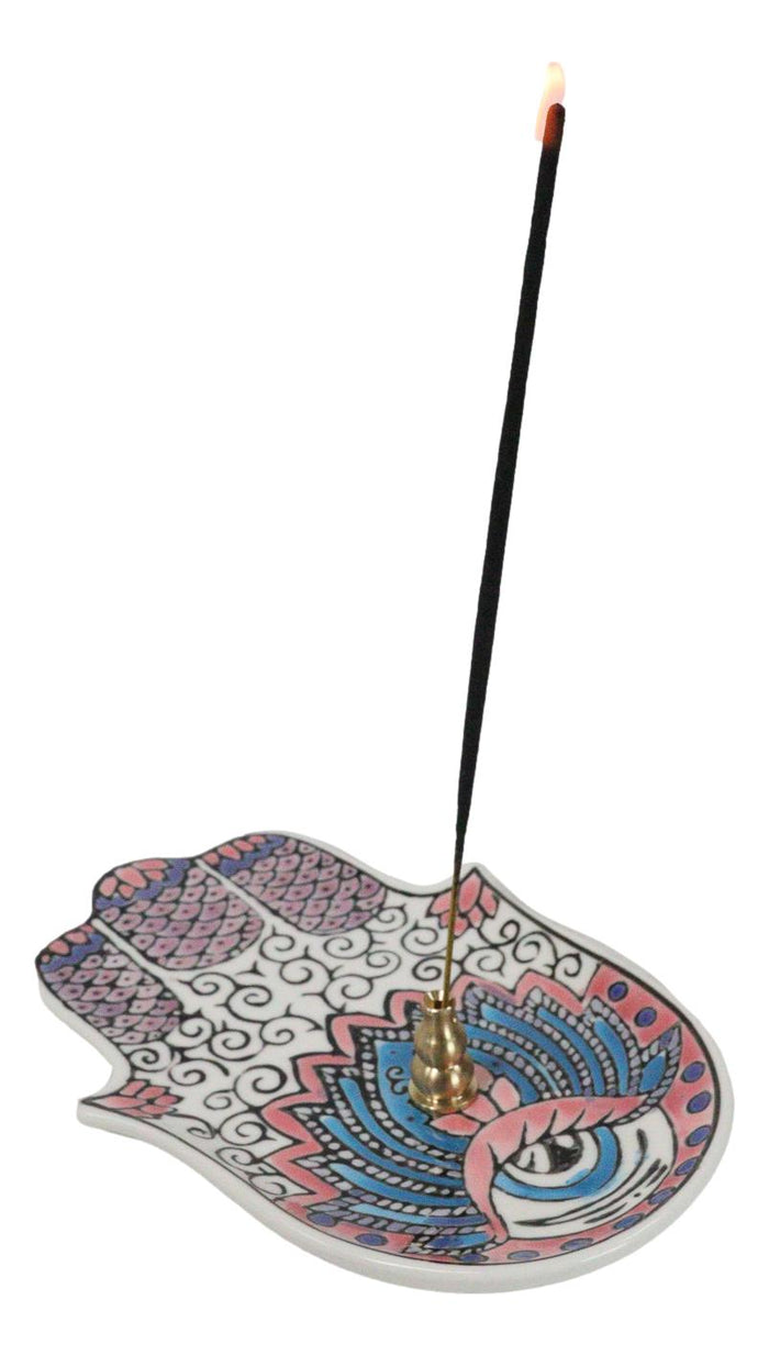 Pink Chakra Hamsa Palm Mandala And Evil Eye Ceramic Dish Brass Incense Holder