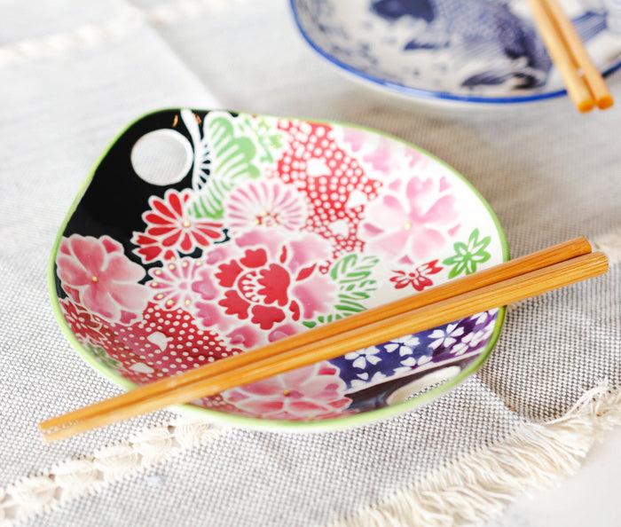 Pink Cherry Blossoms Small Appetizer Coupe Plate Flat Bowl With Chopsticks Set