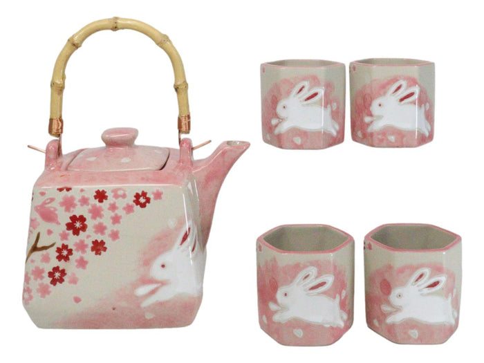 Pink Sakura Cherry Blossoms With Rabbit Hexagonal Teapot With 4 Tea Cups Set Pink Sakura Cherry Blossoms With Rabbit Hexagonal Teapot With 4 Tea Cups Set