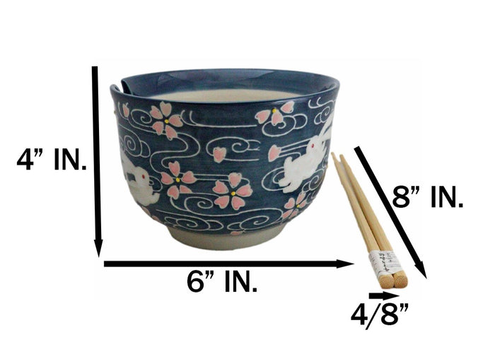 Pink Sakura White Rabbits Large 24Oz Donburi Ramen Bowl With Chopsticks Set