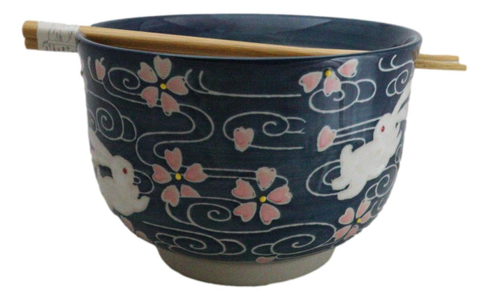 Pink Sakura White Rabbits Large 24Oz Donburi Ramen Bowl With Chopsticks Set