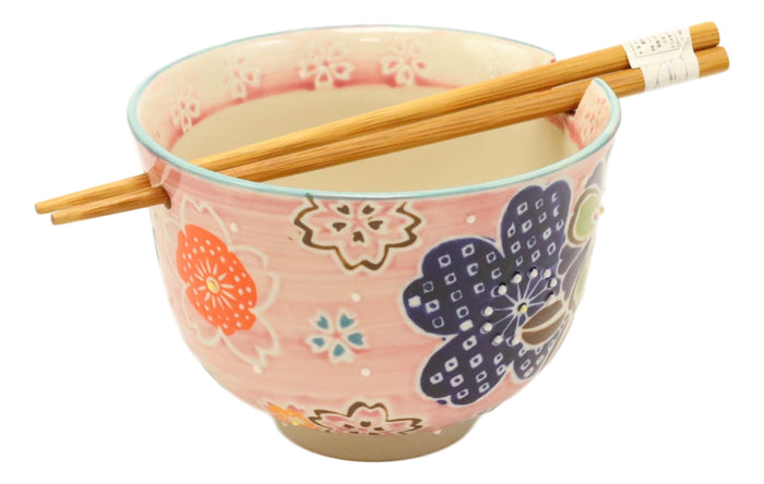 Pink Spring Floral Blossoms Ramen Noodles Soup Bowl With Bamboo Chopsticks Set