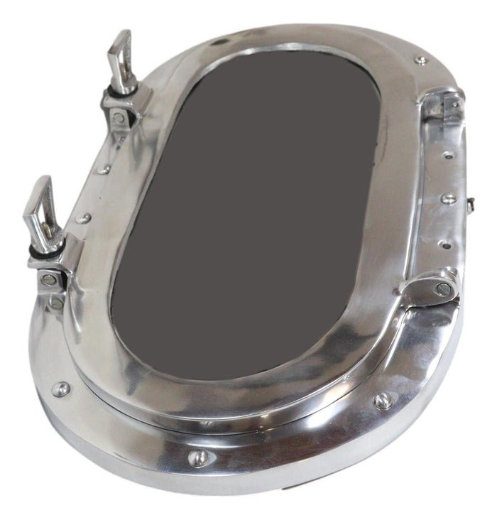Polished Aluminum Nautical Marine Oval Ship Porthole Folding Wall Mirror 19"L