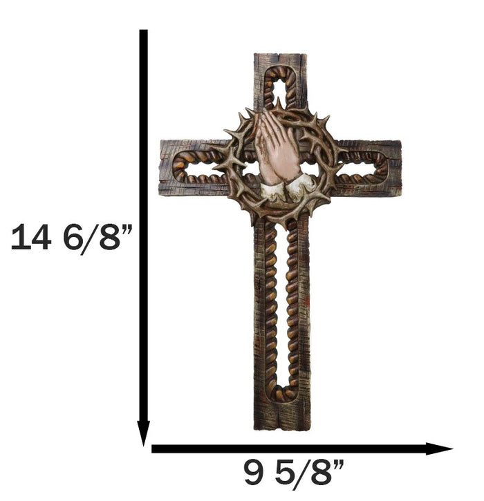 Praying Hands With Crown Of Thorns Faux Wooden Rustic Cutout Wall Cross
