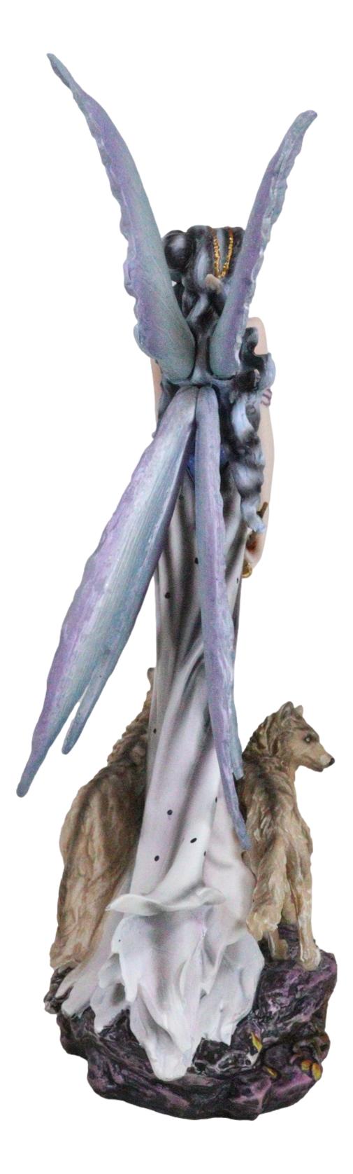 Pretty Fairy In Evening Gown With Gold Wand Accompanied By Gray Wolves Figurine