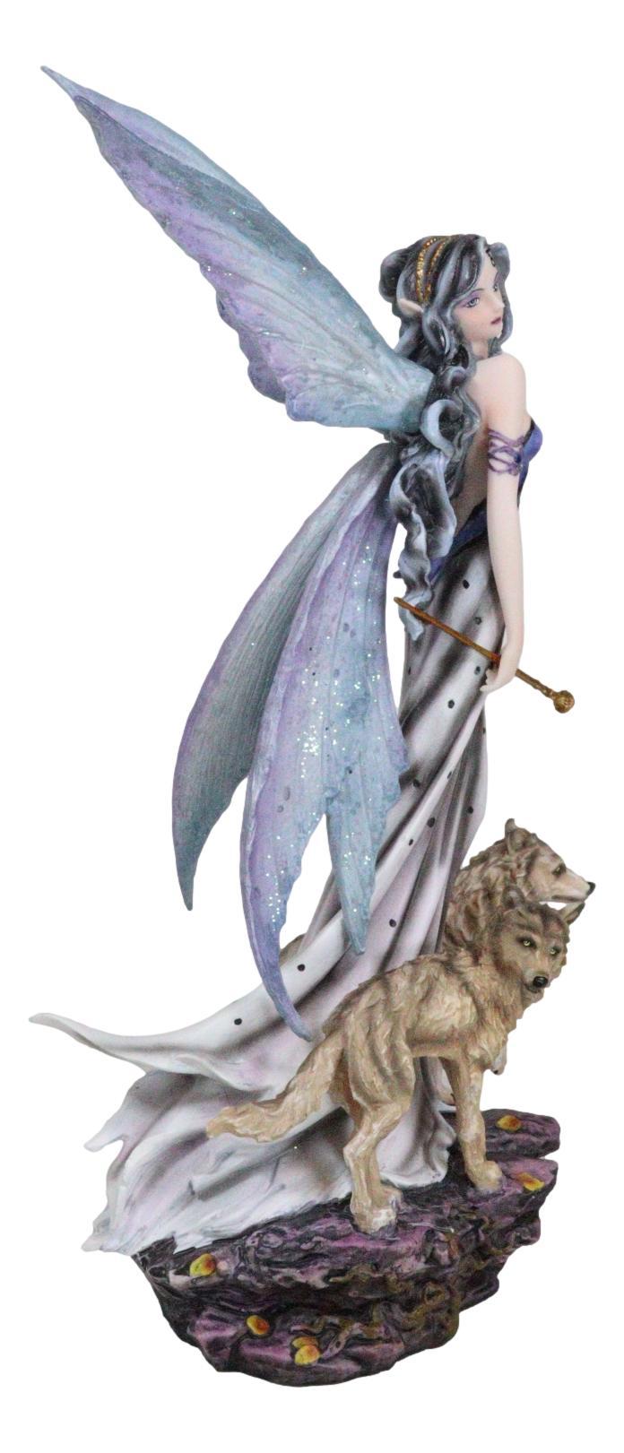 Pretty Fairy In Evening Gown With Gold Wand Accompanied By Gray Wolves Figurine
