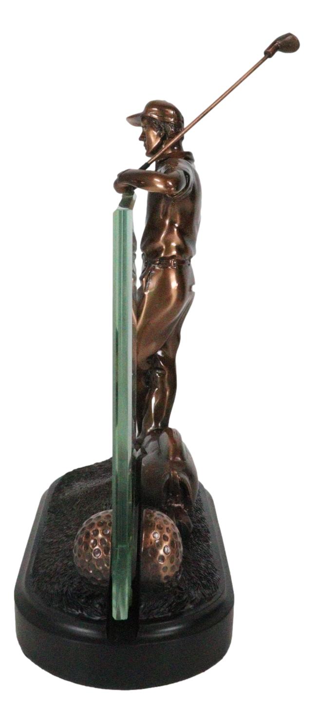Professional Golfer With Golf Club Caddy Bag Glass Picture Frame Bronzed Statue