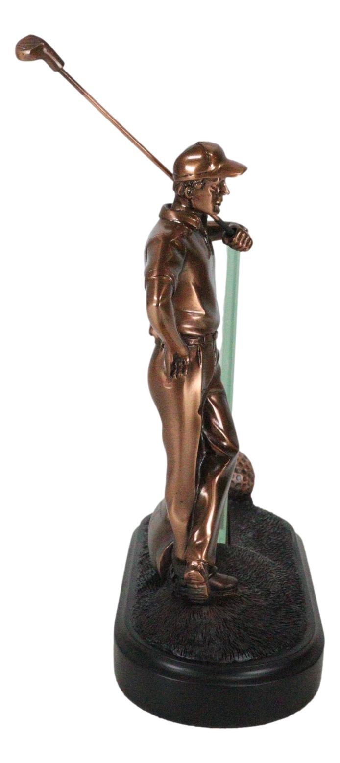 Professional Golfer With Golf Club Caddy Bag Glass Picture Frame Bronzed Statue