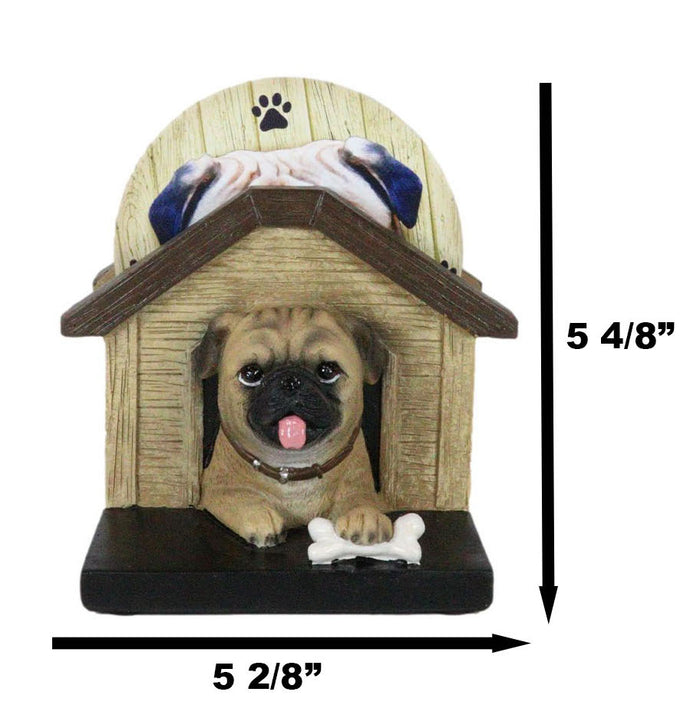 Pug Puppy Dog In Kennel Doghouse Holding Bone Coaster Set Holder And 4 Coasters