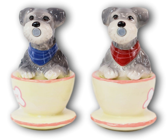 Puppy Love Adorable Teacup Schnauzer Dog Couple Ceramic Salt Pepper Shaker Set