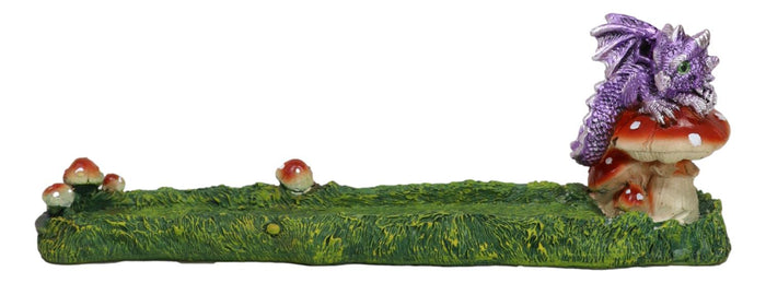 Purple Baby Dragon On Toadstool Mushroom Pasture Greens Incense Burner Figurine