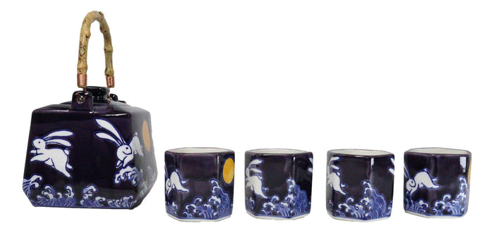 Purple Blue Night Moon White Rabbit Ceramic Hexagonal Teapot With 4 Tea Cups Set