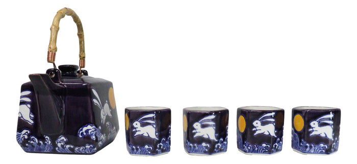Purple Blue Night Moon White Rabbit Ceramic Hexagonal Teapot With 4 Tea Cups Set