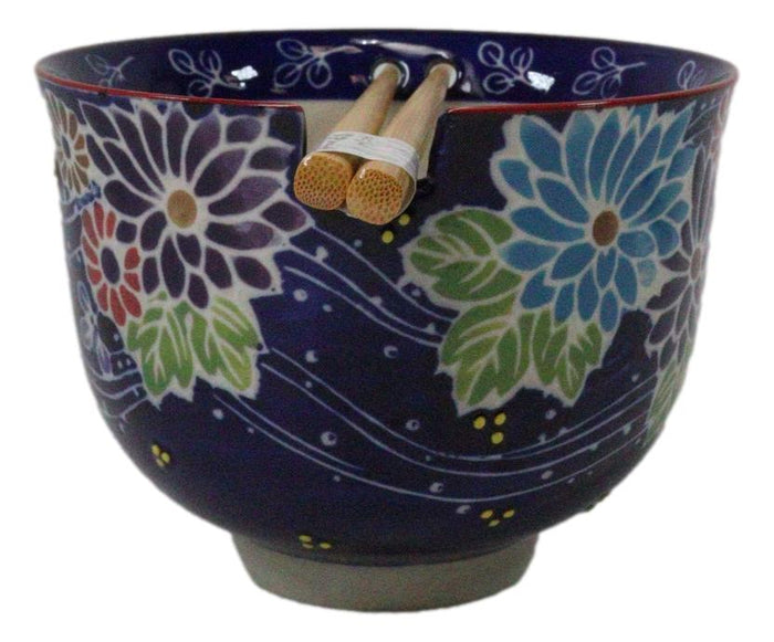 Purple Colorful Flowers In Wind Ceramic Donburi Ramen Bowl With Chopsticks Set